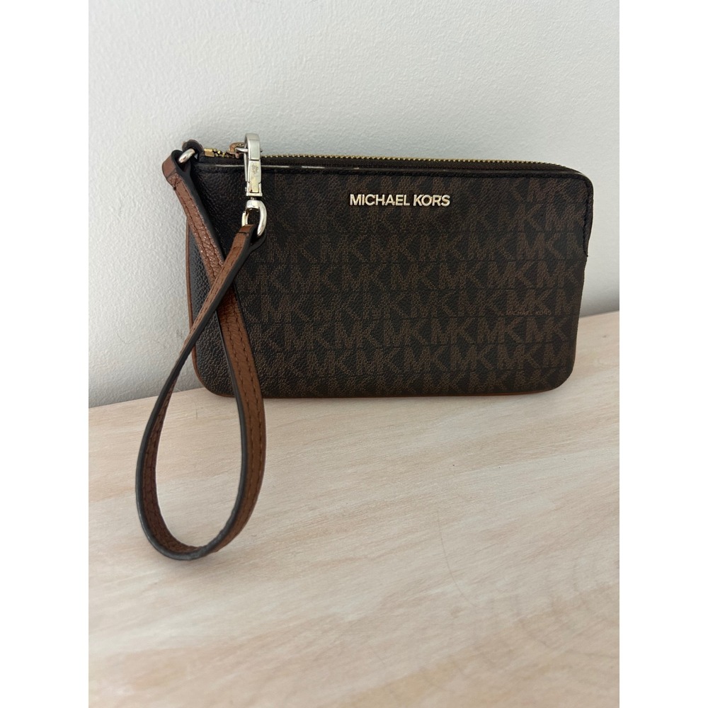 Michael Kors Signature Monogram Wristlet Brown Gold Hardware Wallet Pouch